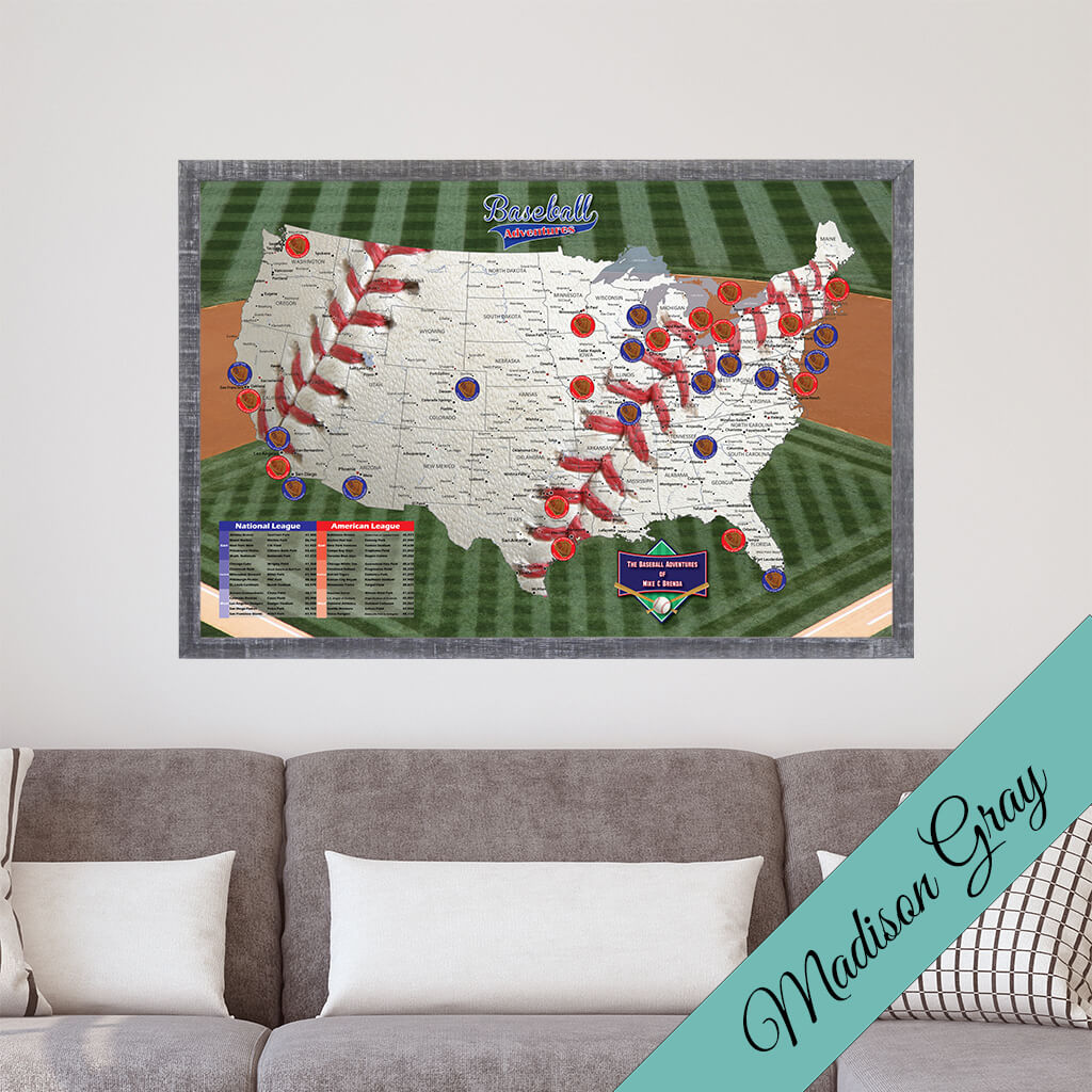 Baseball Adventures Pin Map on Canvas -Premium Madison Gray Frame
