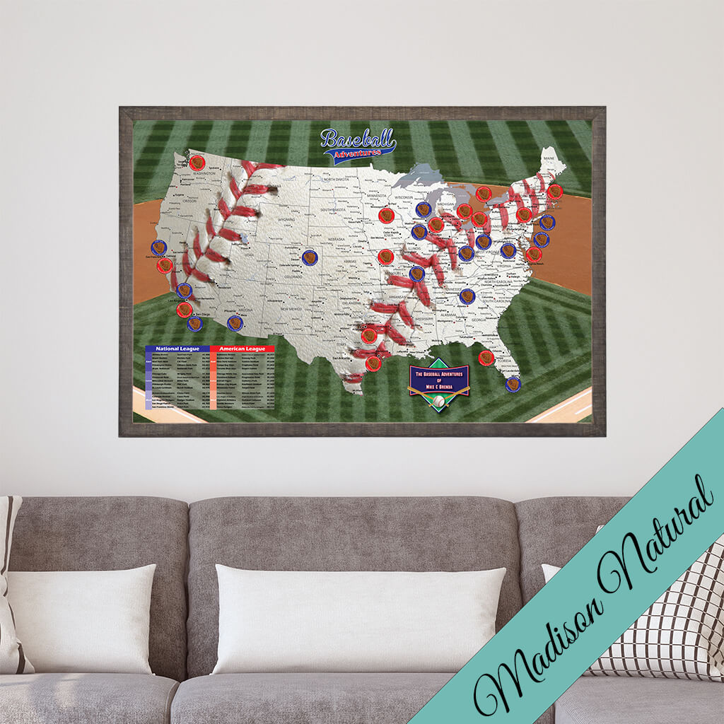Baseball Adventures Pin Map on Canvas -Premium Madison Natural Brown Frame
