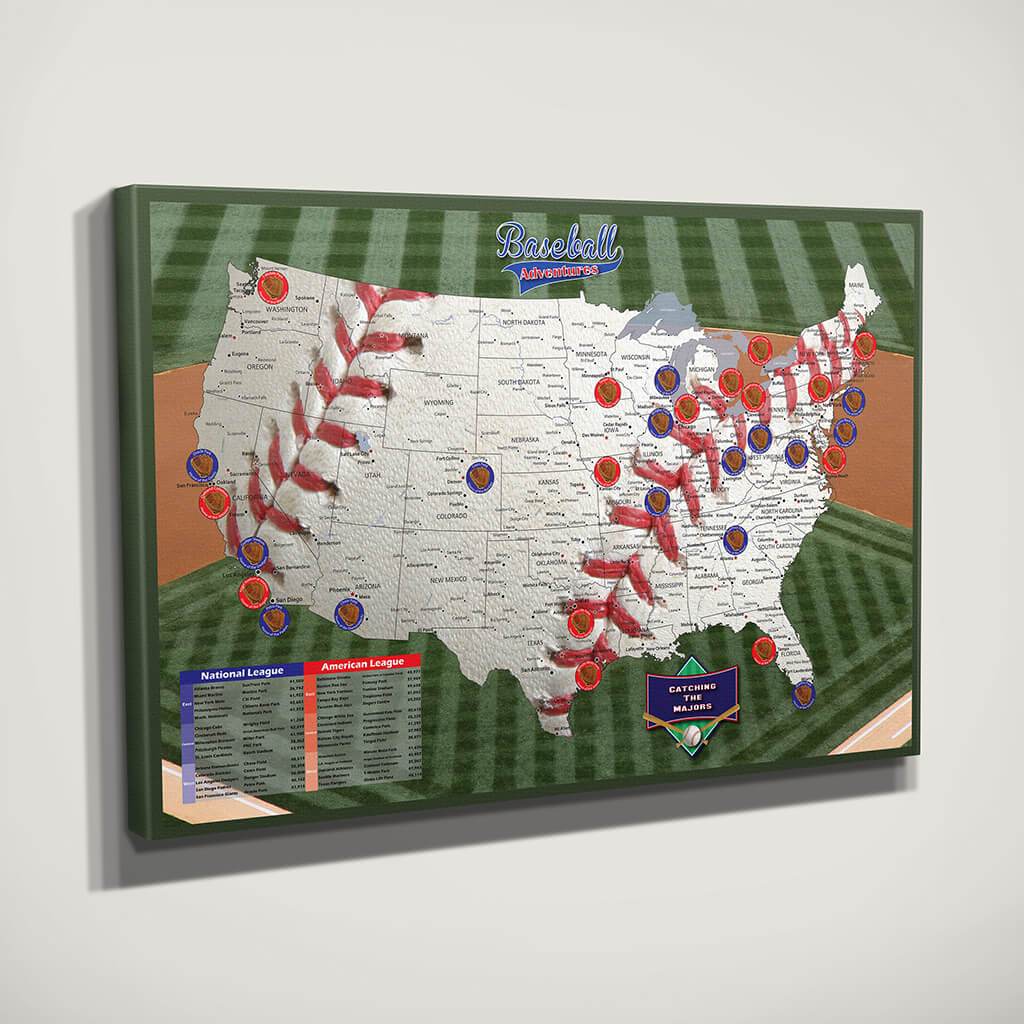 Gallery Wrapped Canvas Baseball Adventures Map with Pins Sideview