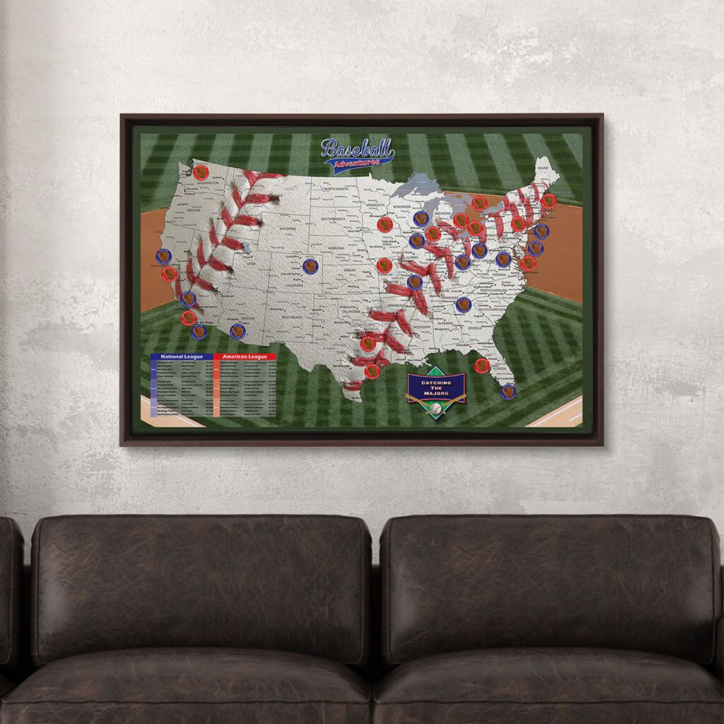 Brown Float Frame - 24x36 Gallery Wrapped Canvas Baseball Adventures Stadium Map
