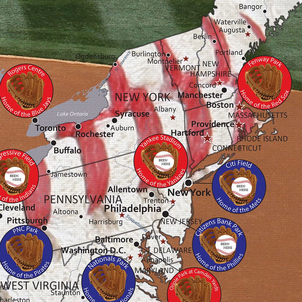 Closeup of Canvas Baseball Adventures Map