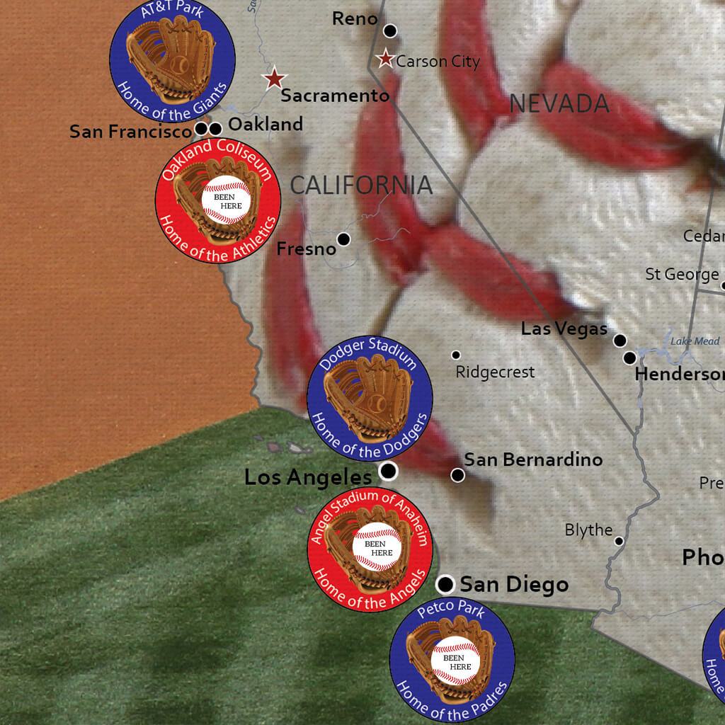 Closeup of West Coast Stadiums on Baseball Adventures Map