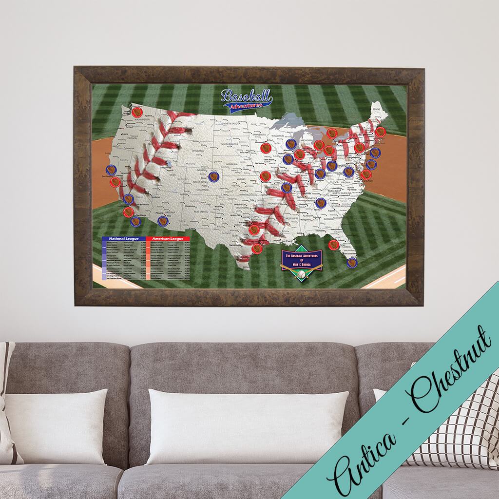 Baseball Adventures Pin Map on Canvas -Premium Antica Chestnut Frame
