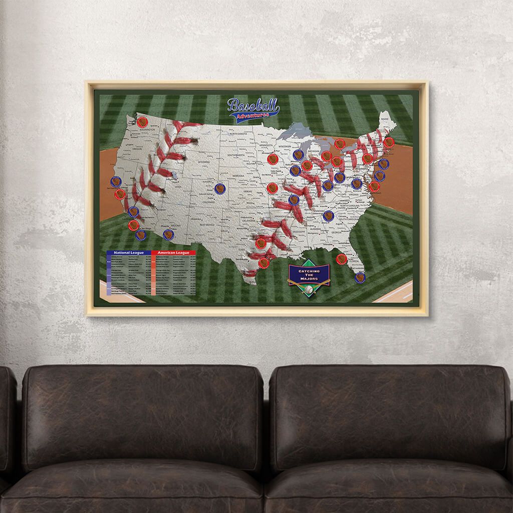 Natural Tan Float Frame - 24x36 Gallery Wrapped Canvas Baseball Adventures Stadium Map