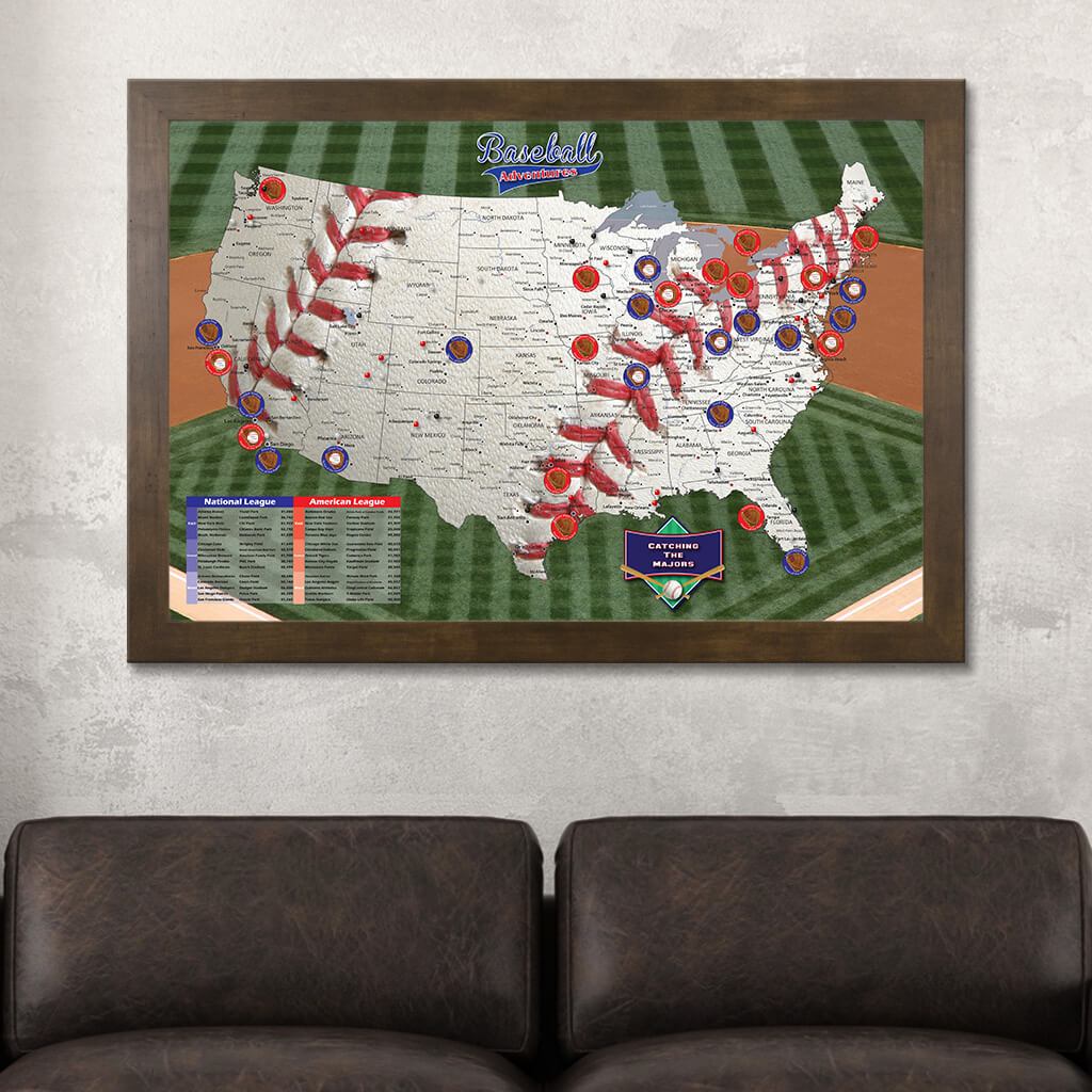 Baseball Adventures Pin Map on Canvas in Rustic Brown Frame