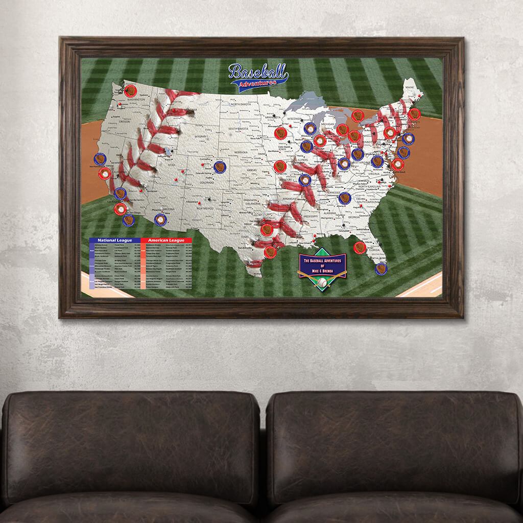 Baseball Adventures Pin Map on Canvas in Solid Wood Brown Frame