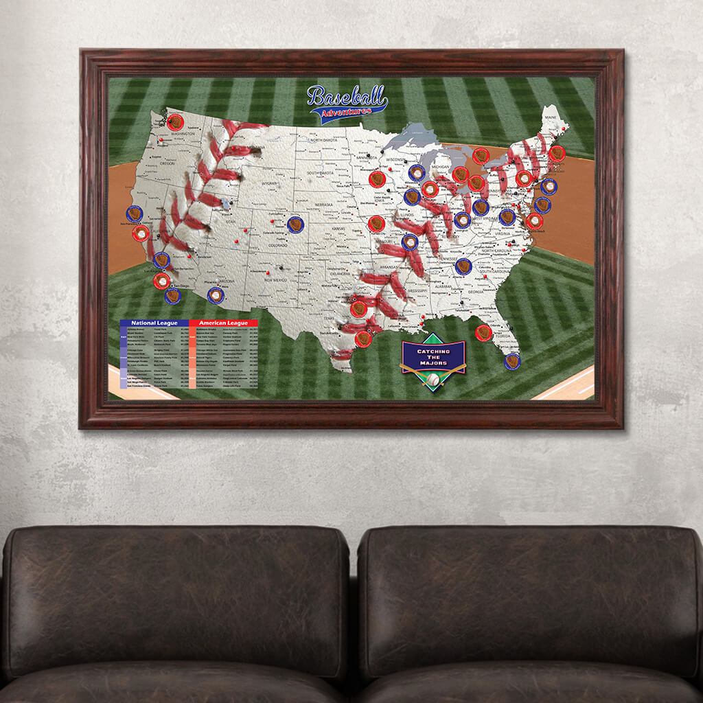 Baseball Adventures Pin Map on Canvas in Solid Wood Cherry Frame