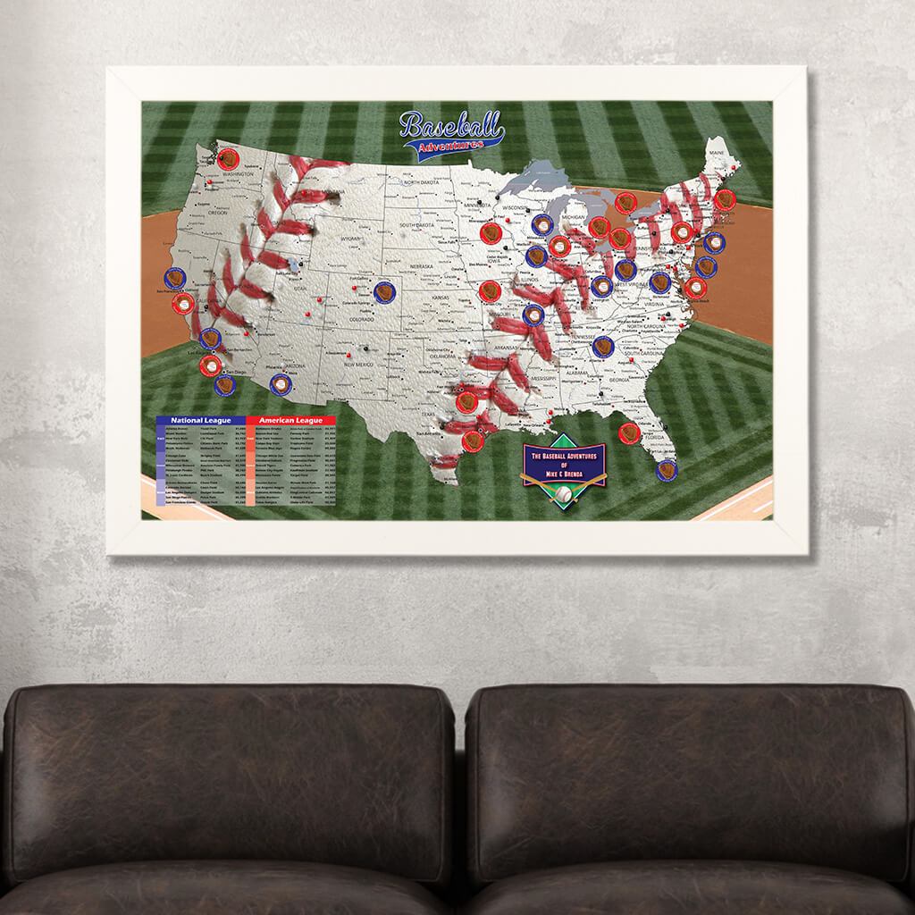 Baseball Adventures Pin Map on Canvas in Textured White Frame