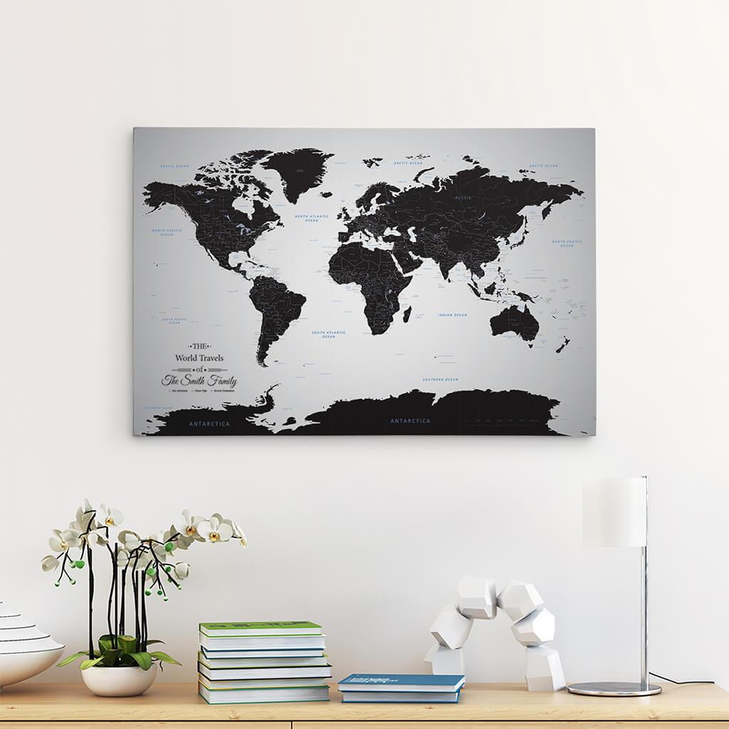 24x36 Gallery Wrapped Canvas Black Ice World Map