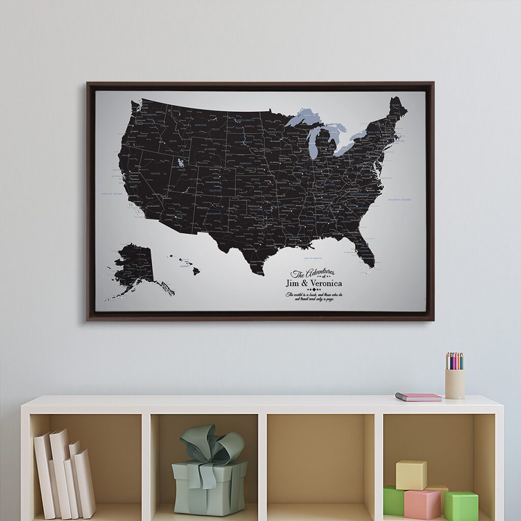 Brown Float Frame - 24x36 Gallery Wrapped Black Ice USA Push Pin Travel Map
