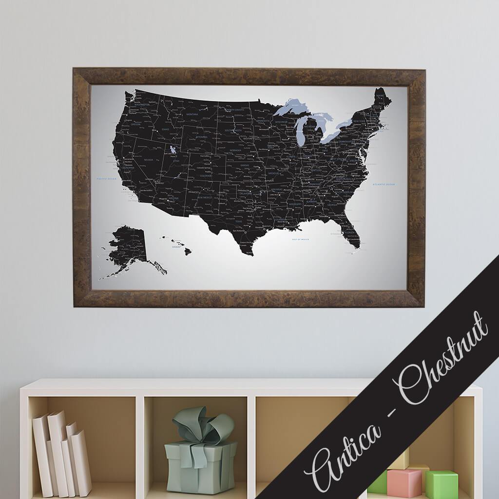 Black Ice USA Canvas Push Pin Map in Antica Chestnut Frame