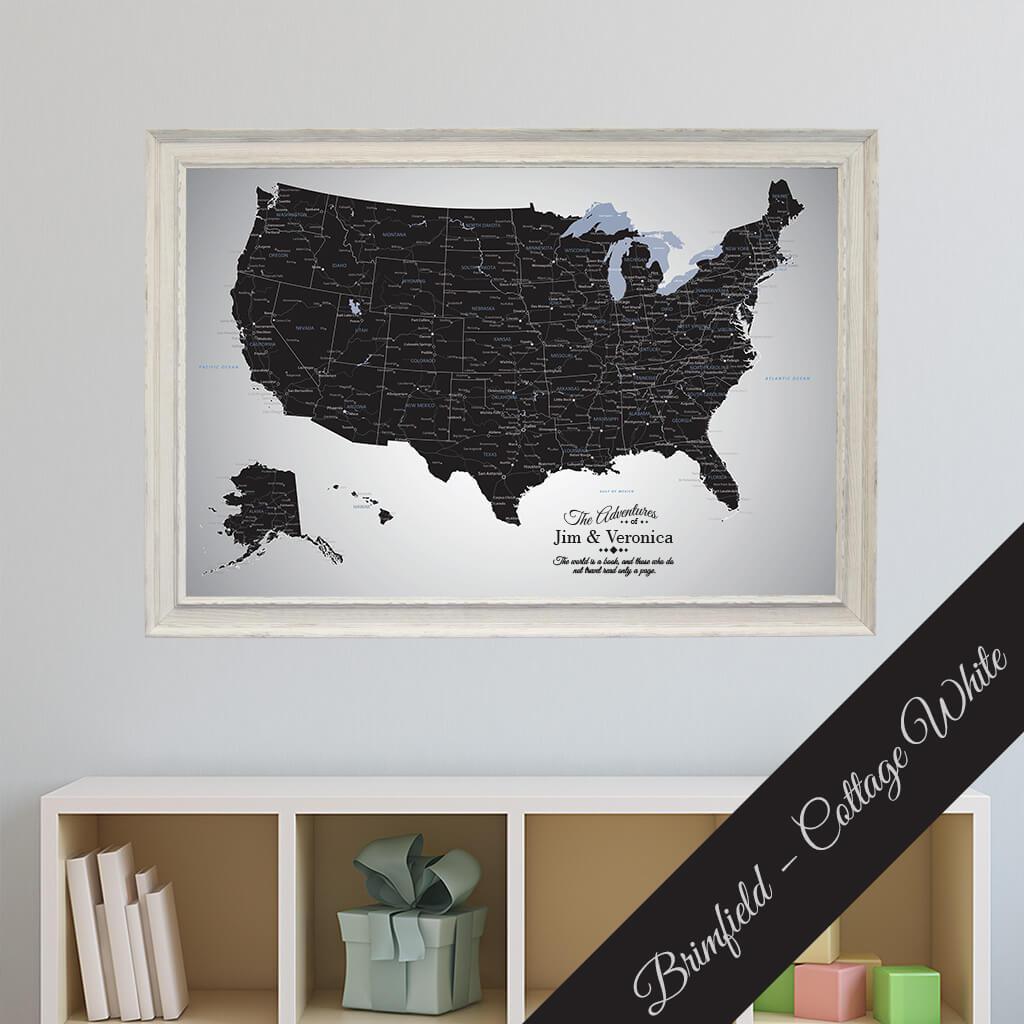 Black Ice USA Canvas Push Pin Map Premium Brimfield Cottage White Frame