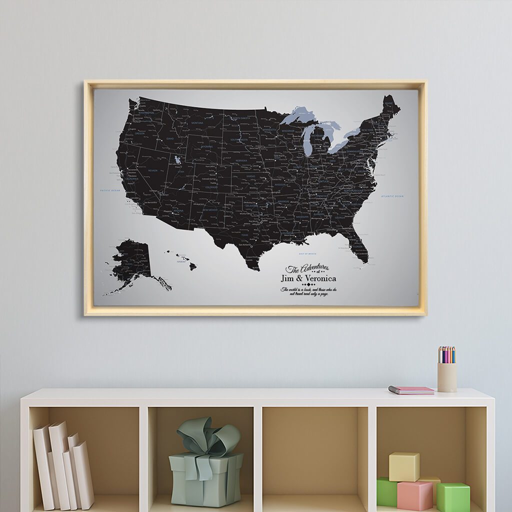 Natural Tan Float Frame - 24x36 Gallery Wrapped Black Ice USA Push Pin Travel Map