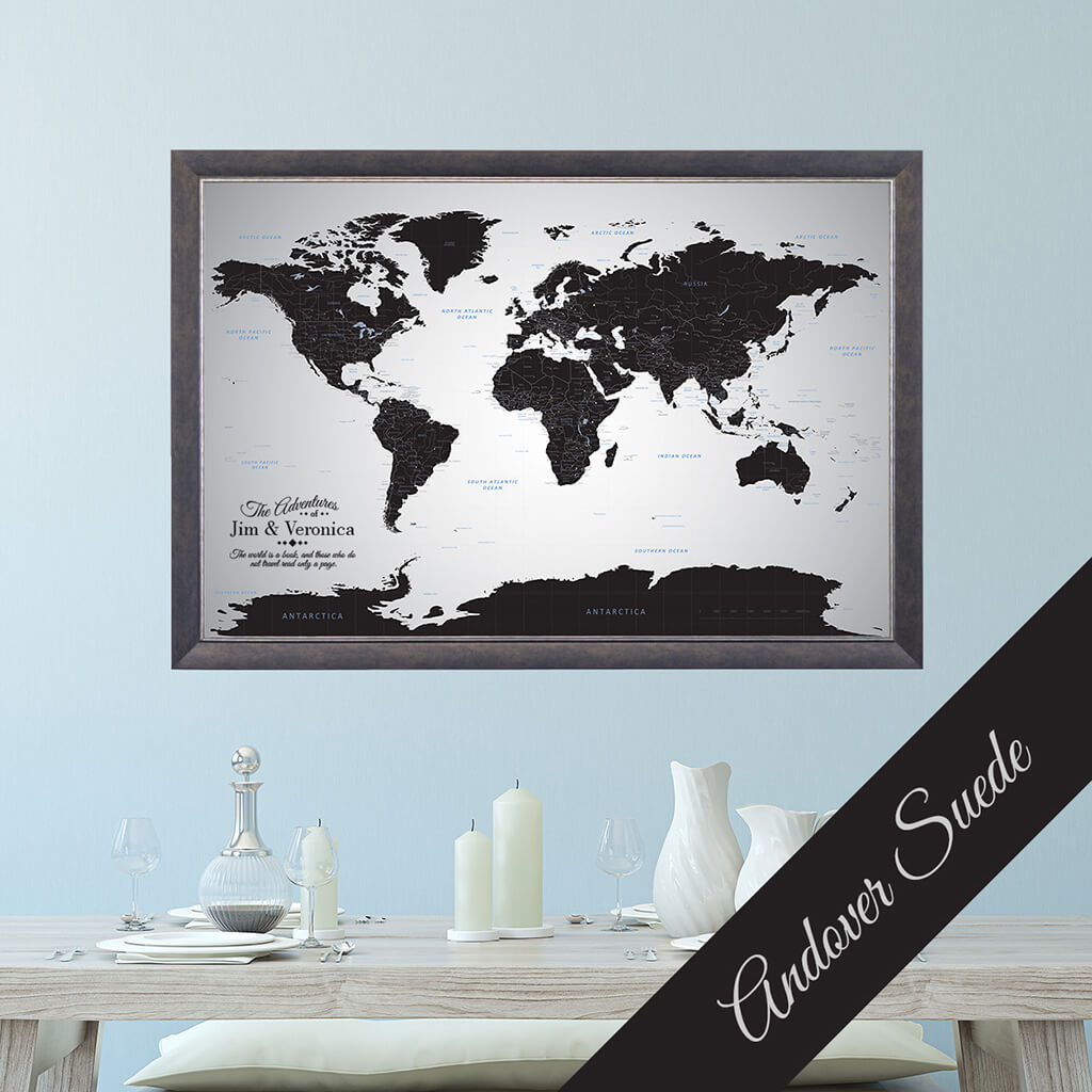 Canvas Black Ice World Map in Premium Andover Suede Frame