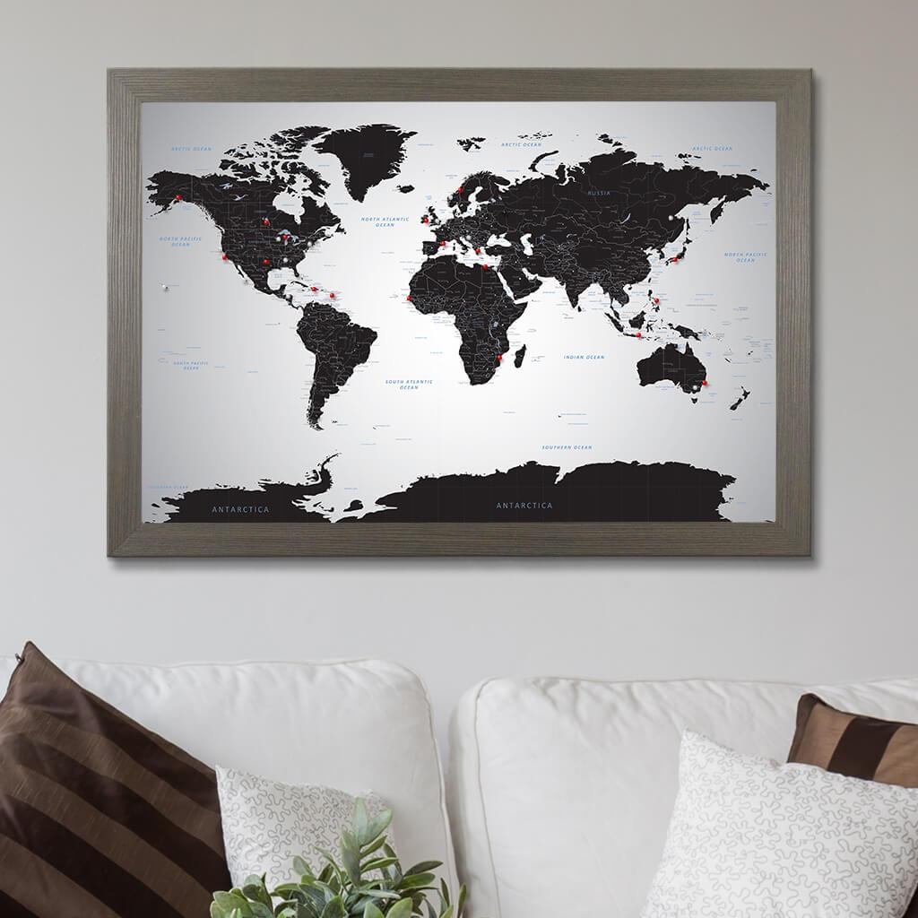 Pinnable Black Ice World Map in Barnwood Gray Frame