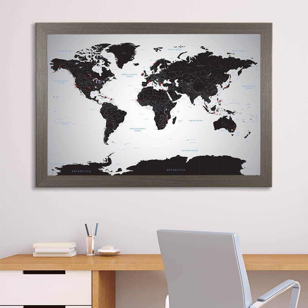 Canvas Black Ice World Map with Pins in Barnwood Gray  Frame