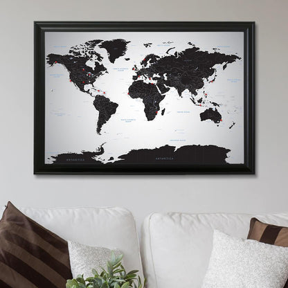 Black Ice World Push Pin Map in Black Frame