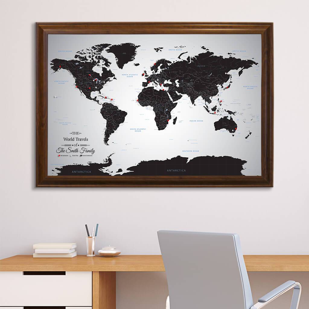 Canvas Black Ice World Map with Pins in Brown Frame