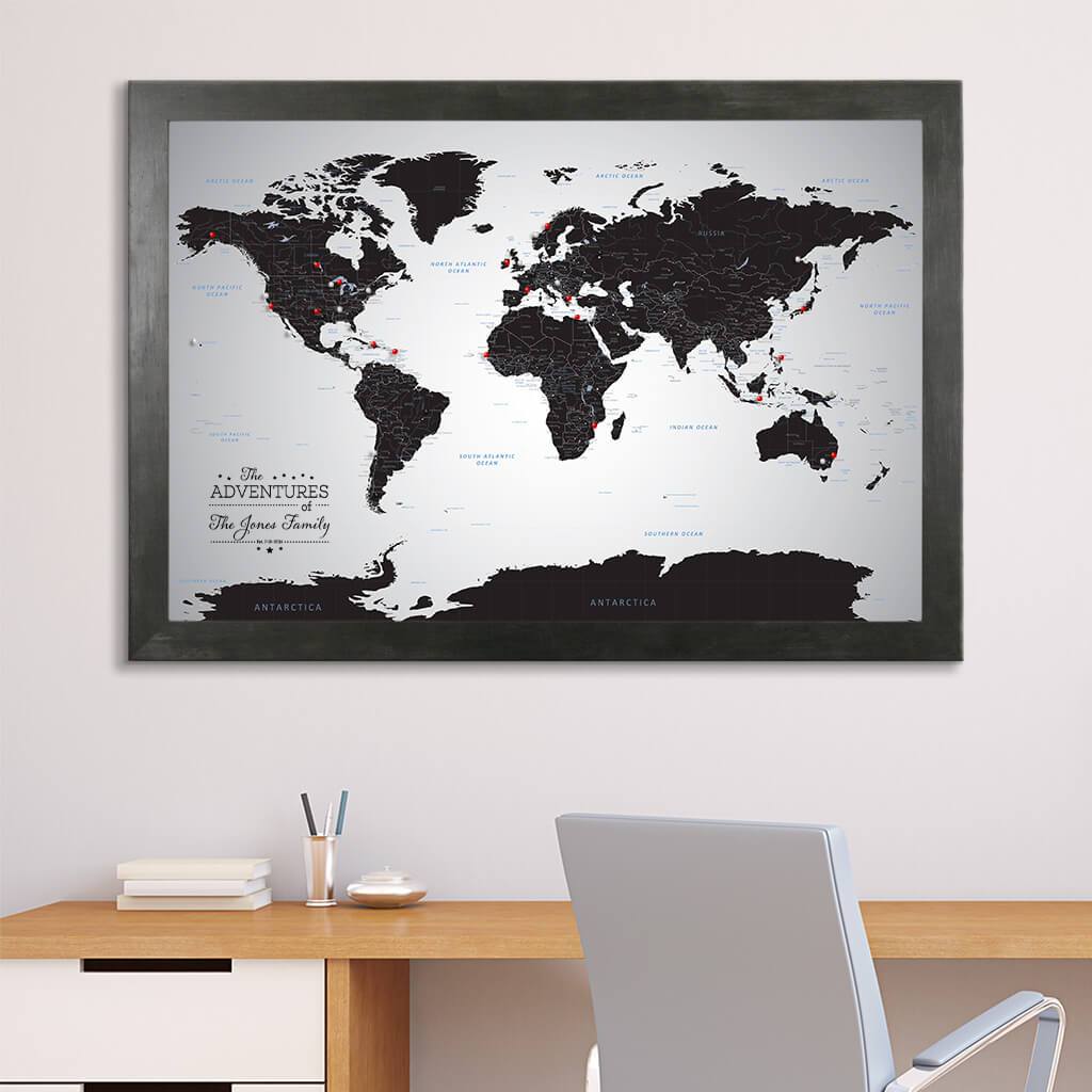 Canvas Black Ice World Map with Pins in Rustic Black Frame