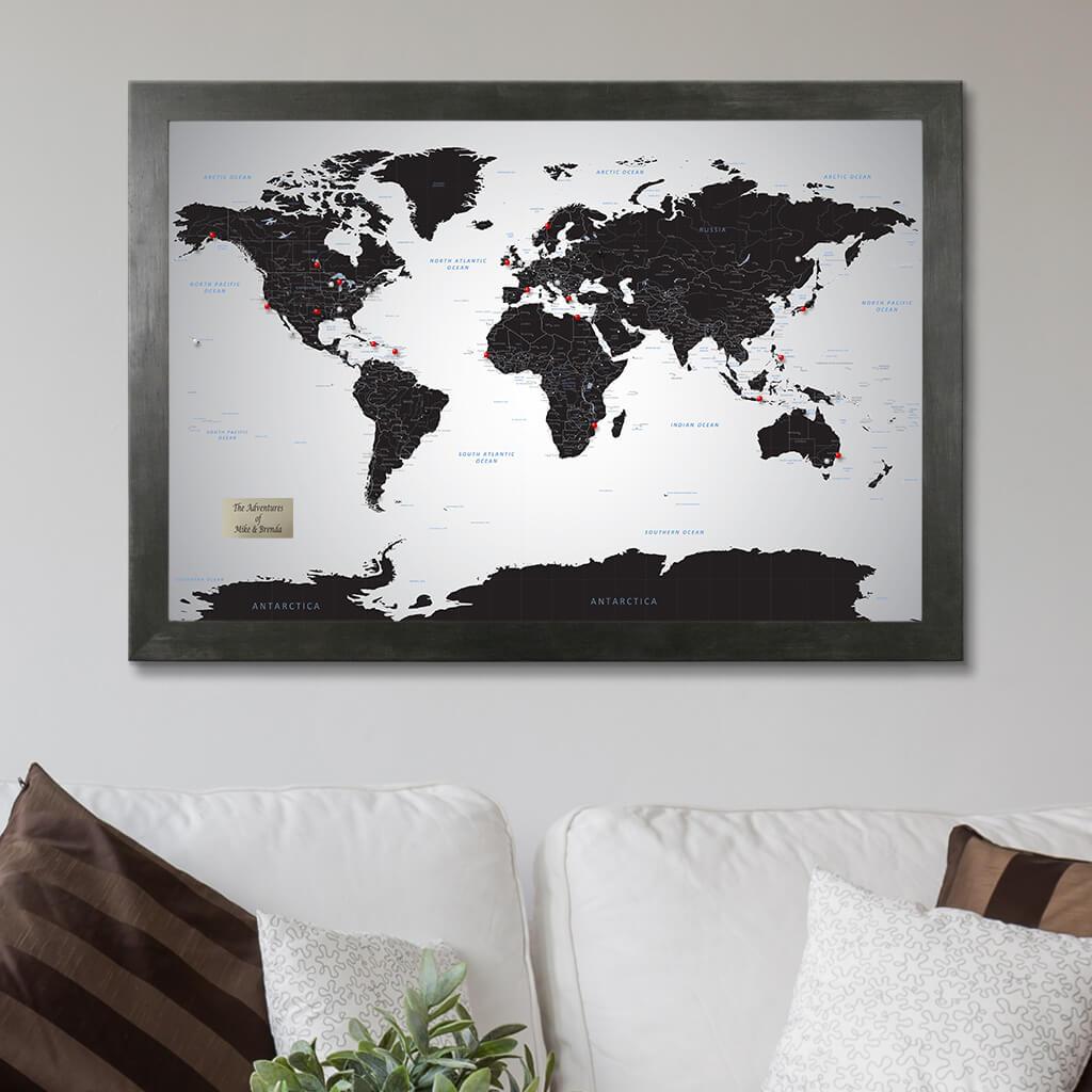 Black Ice World Pinboard Map in Rustic Black Frame