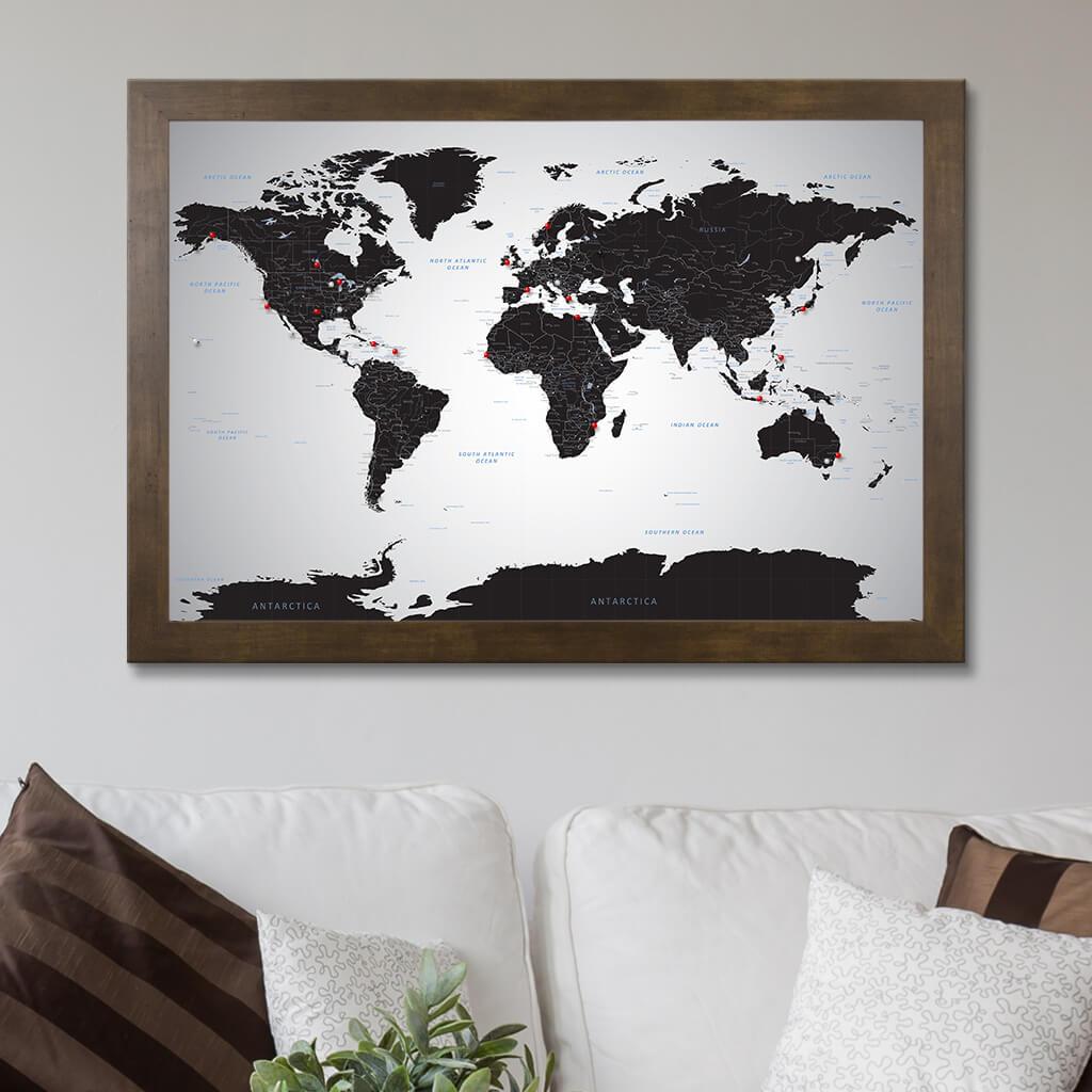 Black Ice World Map in Rustic Brown Frame