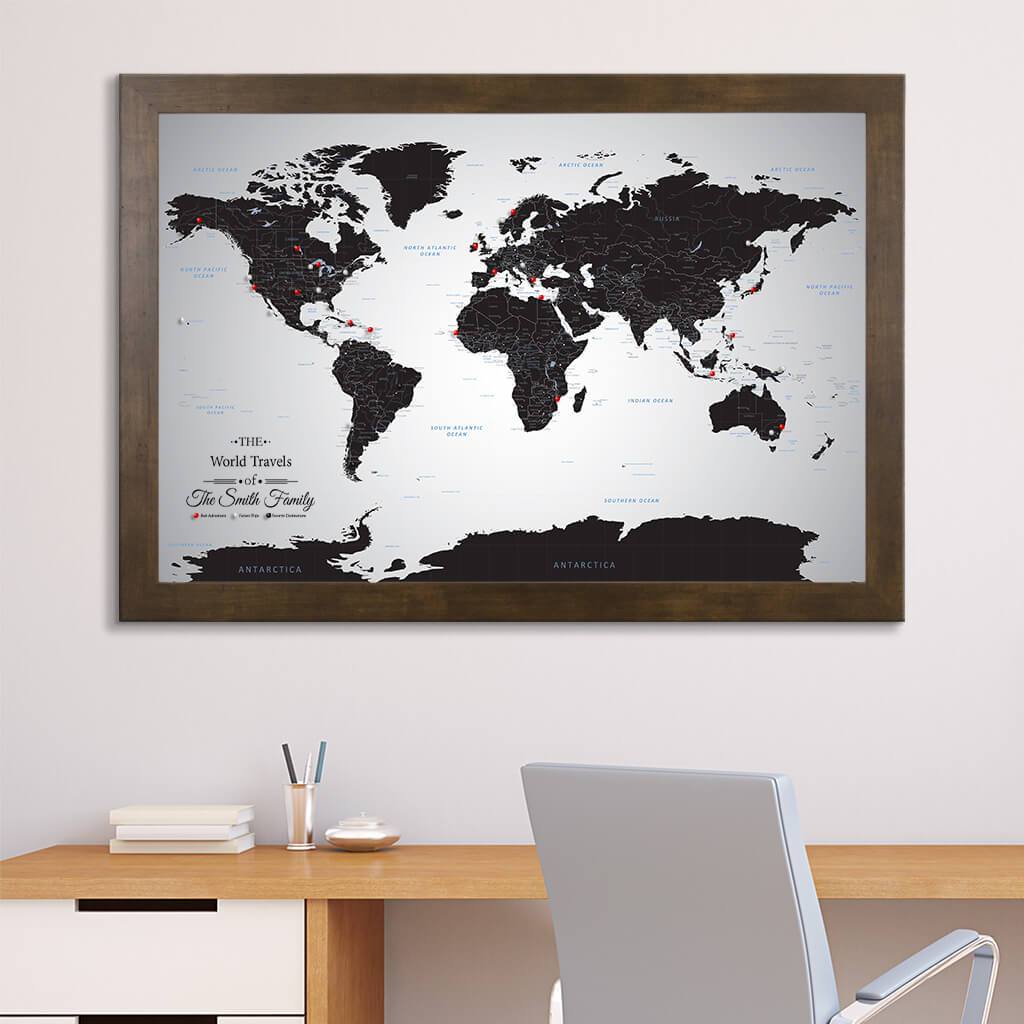 Canvas Black Ice World Map with Pins in Rustic Brown Frame