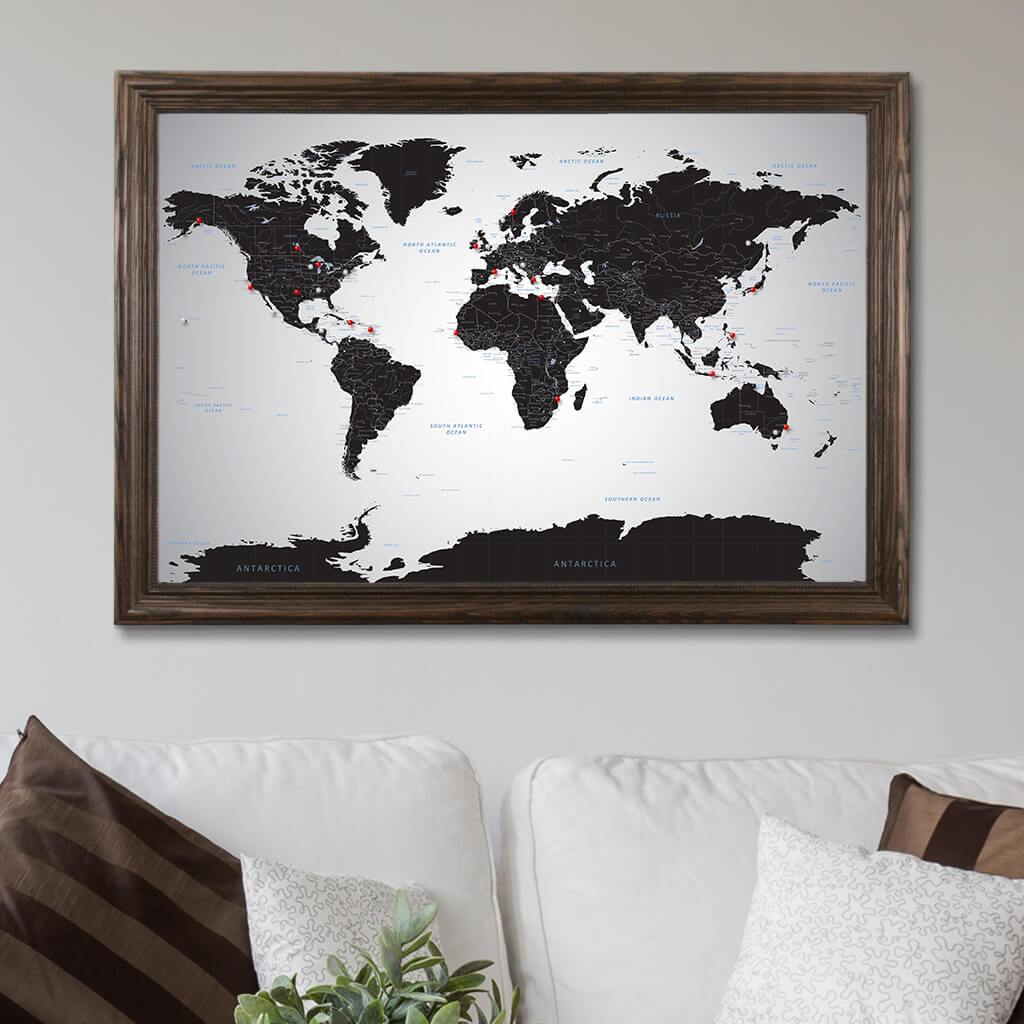Black Ice World Travelers Map in Solid Wood Brown Frame