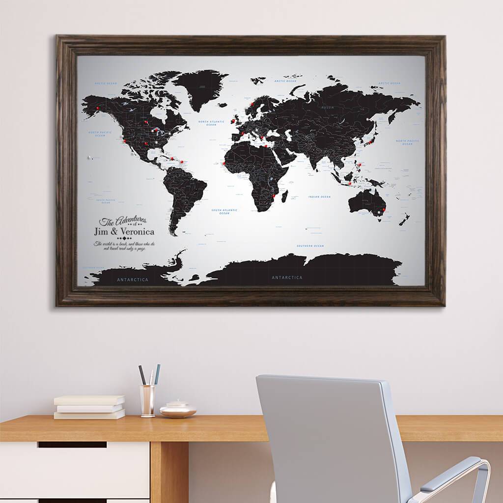 Canvas Black Ice World Map with Pins in Solid Wood Brown Frame