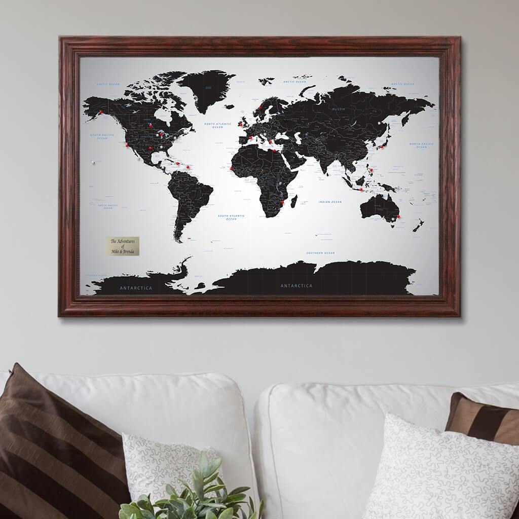 Black Ice World Travel Map in Solid Wood Cherry Frame