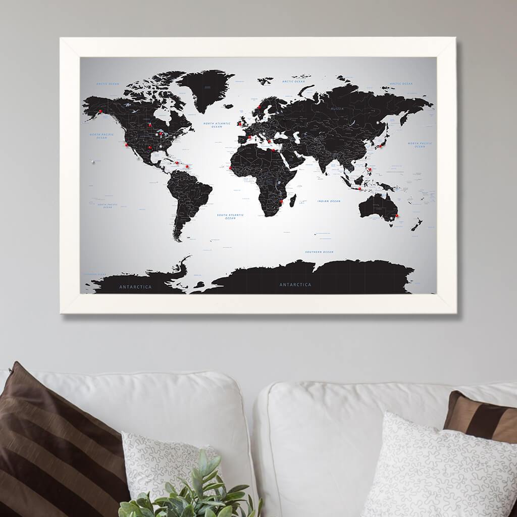 Black Ice World Travelers Map in Textured White Frame