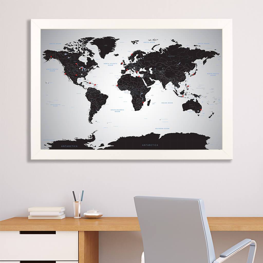 Canvas Black Ice World Map with Pins in Textured White Frame