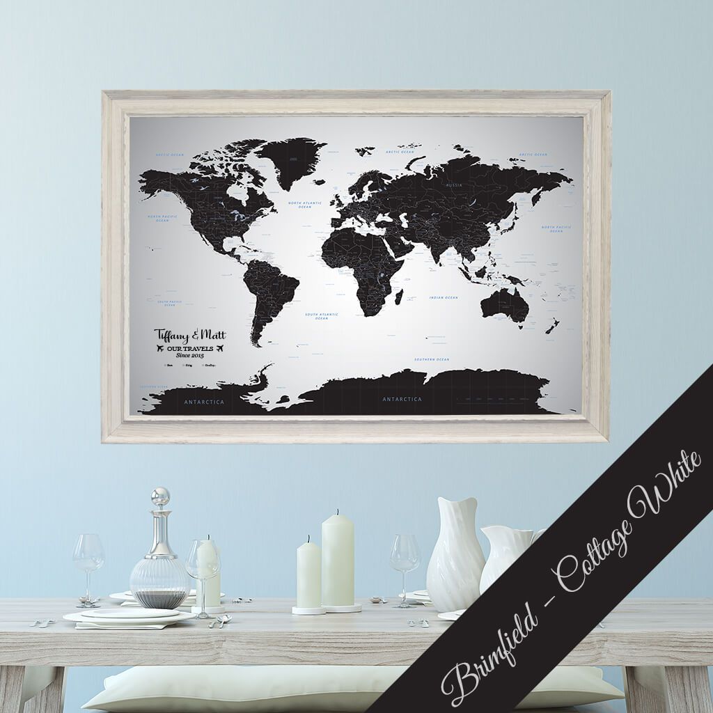 Canvas Black Ice World Map in Premium Brimfield Cottage White Frame
