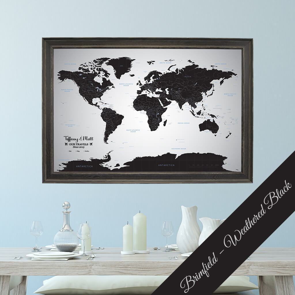 Canvas Black Ice World Map in Premium Brimfield Weathered Black  Frame