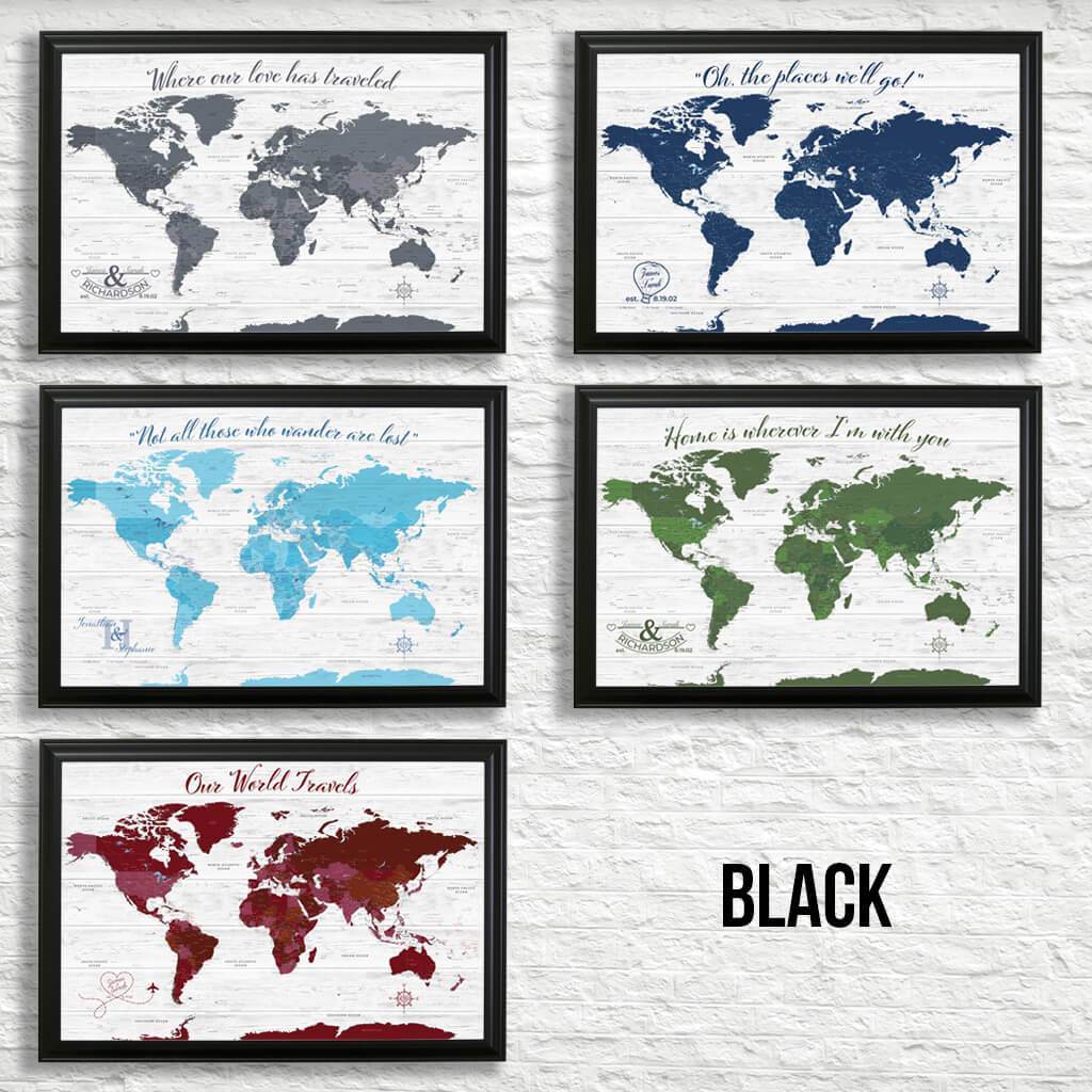Canvas Anniversary World Map Color Options in Standard Black Frame