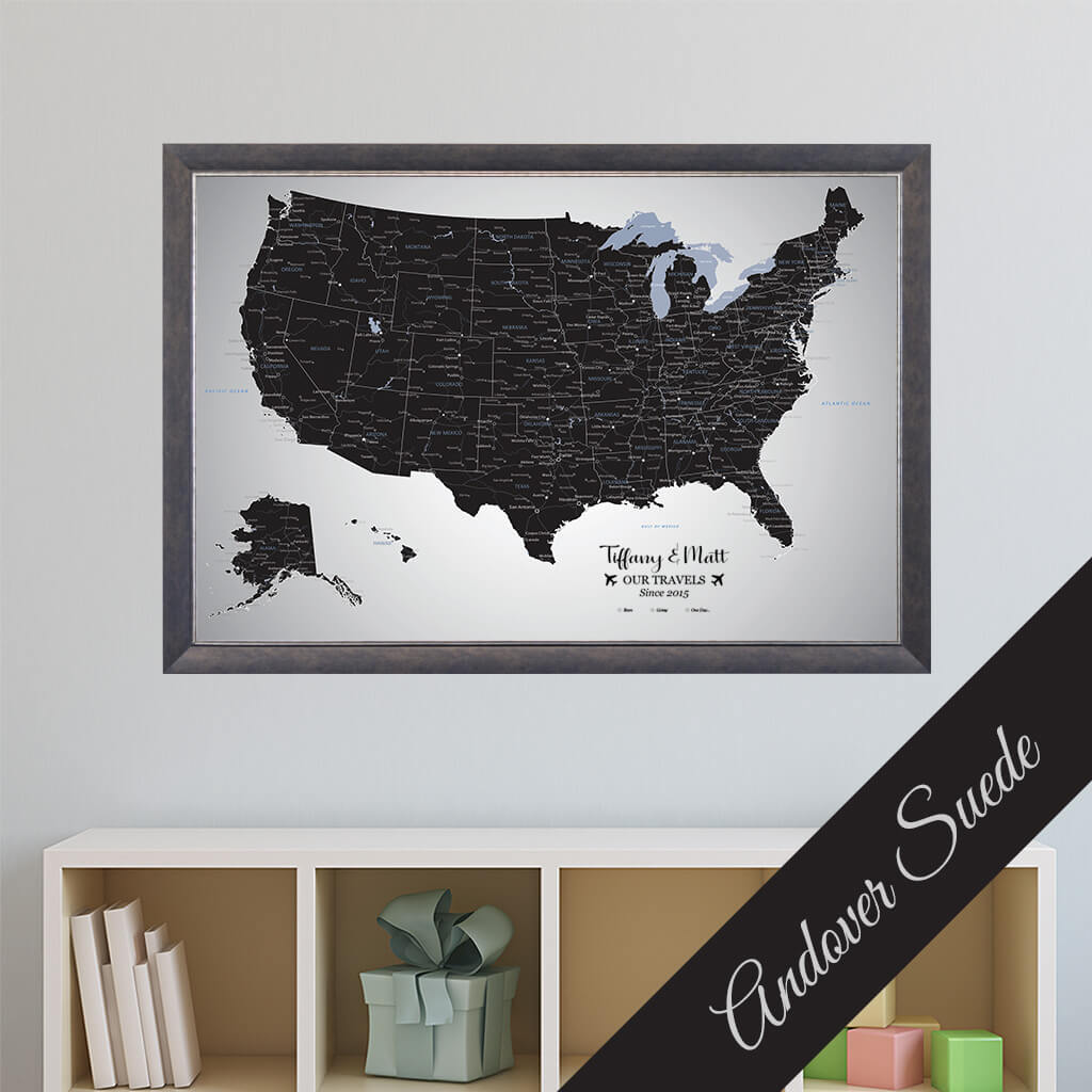 Black Ice USA Canvas Push Pin Map Premium Andover Suede Frame