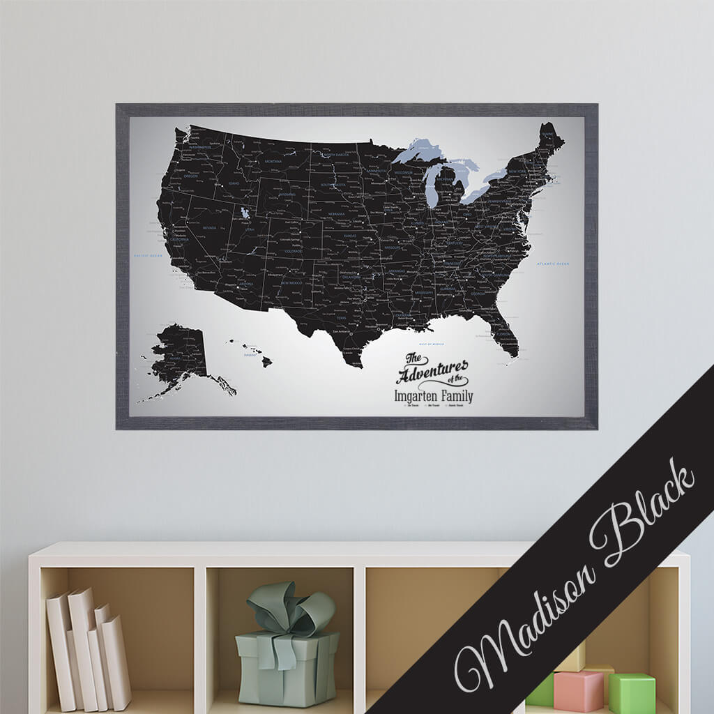 Black Ice USA Canvas Push Pin Map Premium Madison Black Frame