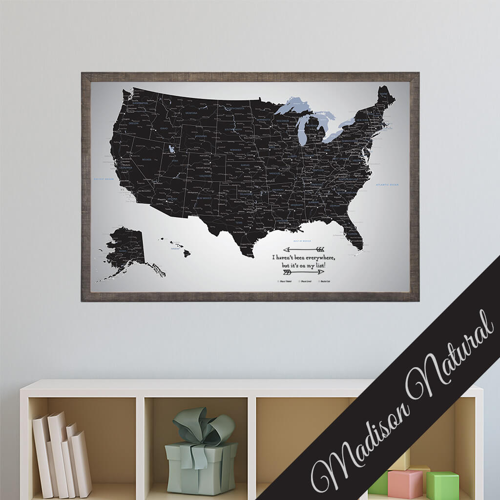 Black Ice USA Canvas Push Pin Map Premium Madison Natural Brown Frame