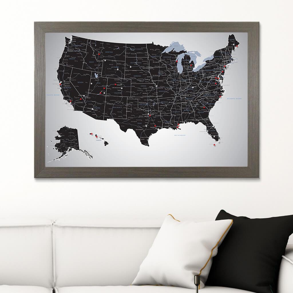 Black Ice USA Push Pin Travel Map in Barnwood Gray Frame