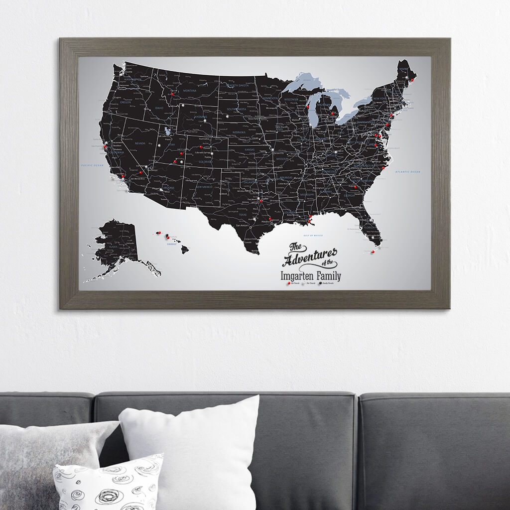 Black Ice USA Canvas Push Pin Map in Barnwood Gray Frame