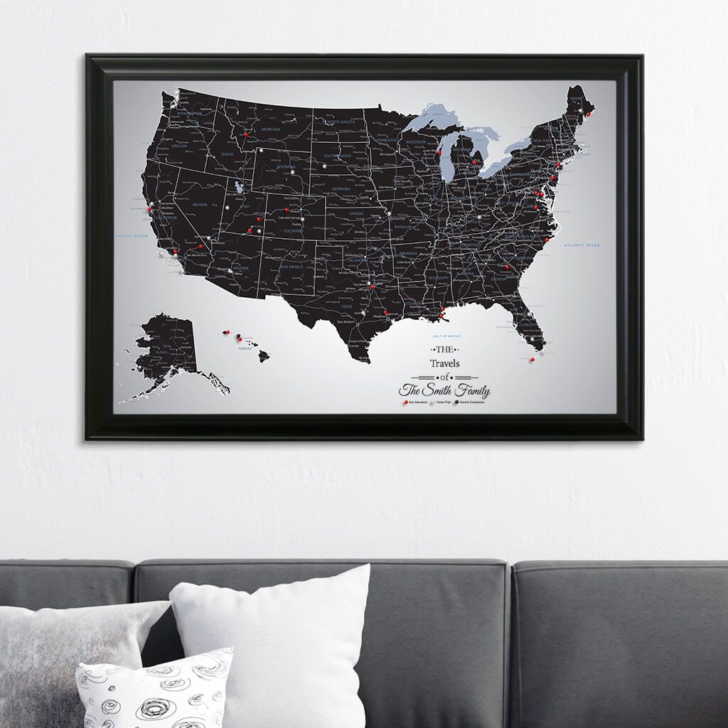 Black Ice USA Canvas Push Pin Map in Black Frame