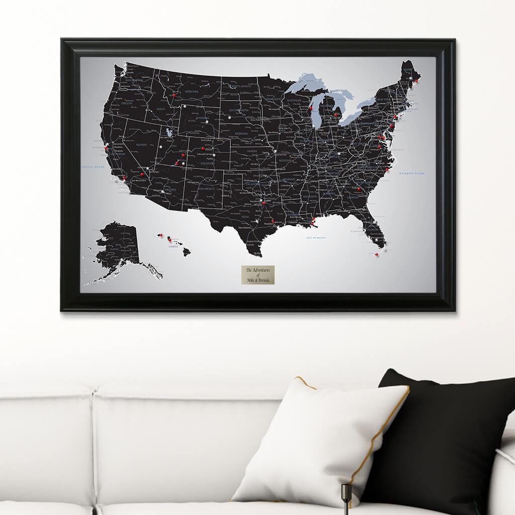 Black Ice USA Push Pin Travel Map in Black Frame