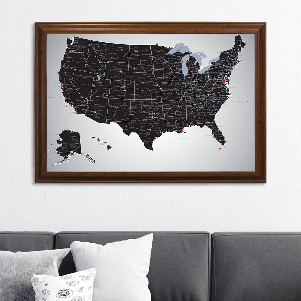 Black Ice USA Canvas Push Pin Map in Brown Frame