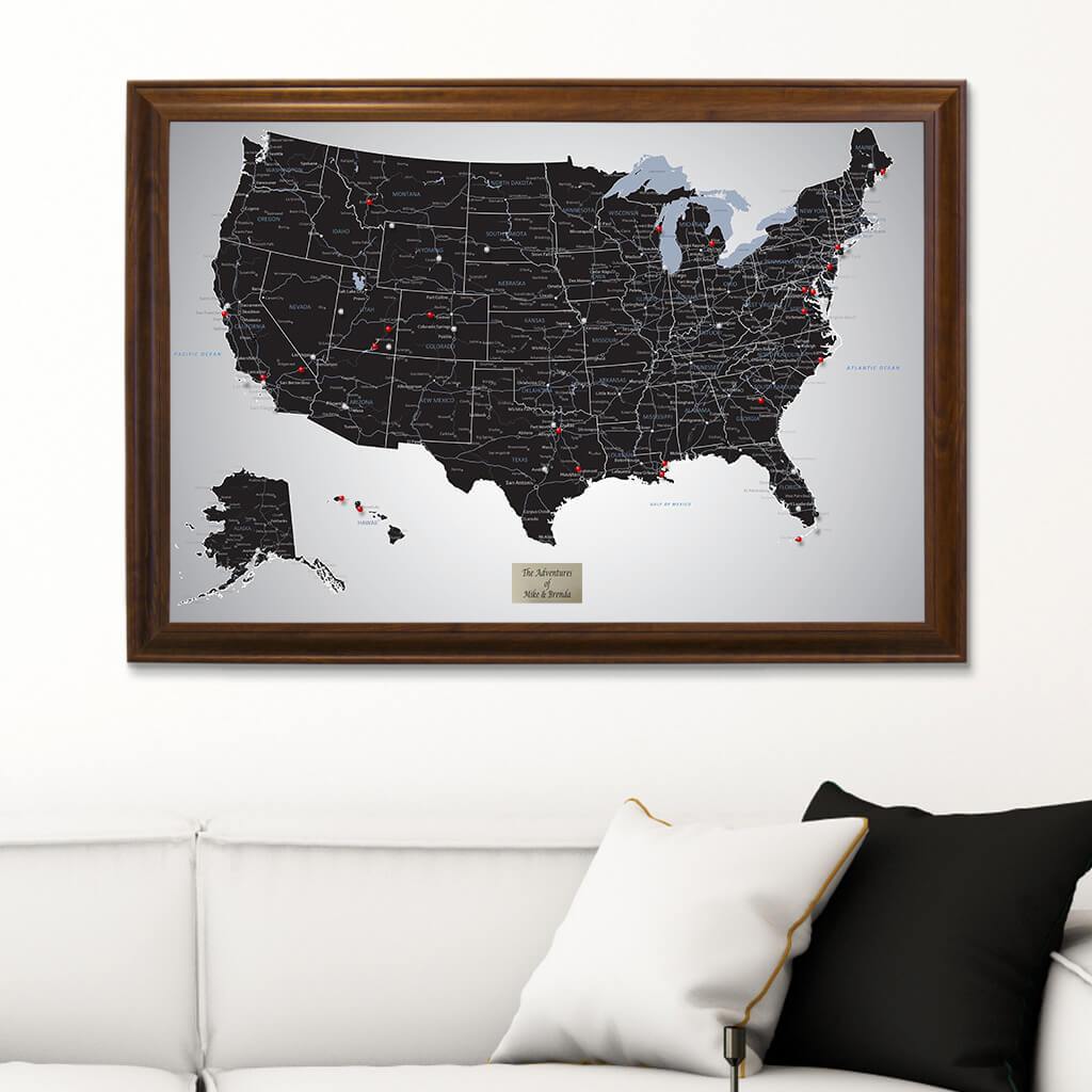 Black Ice USA Push Pin Travel Map in Brown Frame
