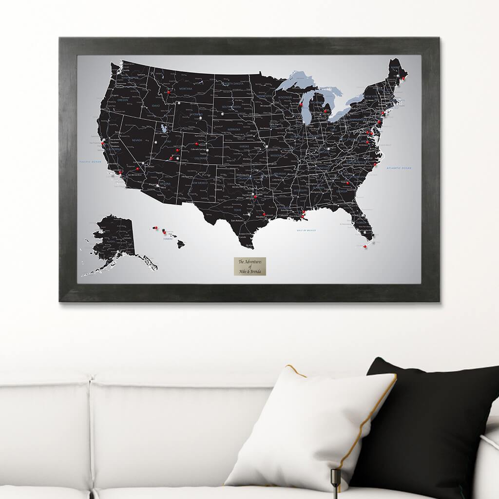 Black Ice USA Push Pin Travel Map in Rustic Black Frame