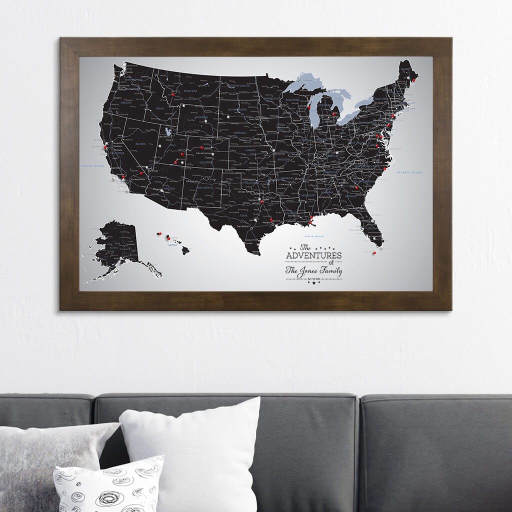 Black Ice USA Canvas Push Pin Map in Rustic Brown  Frame
