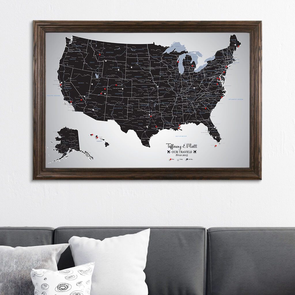 Black Ice USA Canvas Push Pin Map in Solid Wood Brown Frame