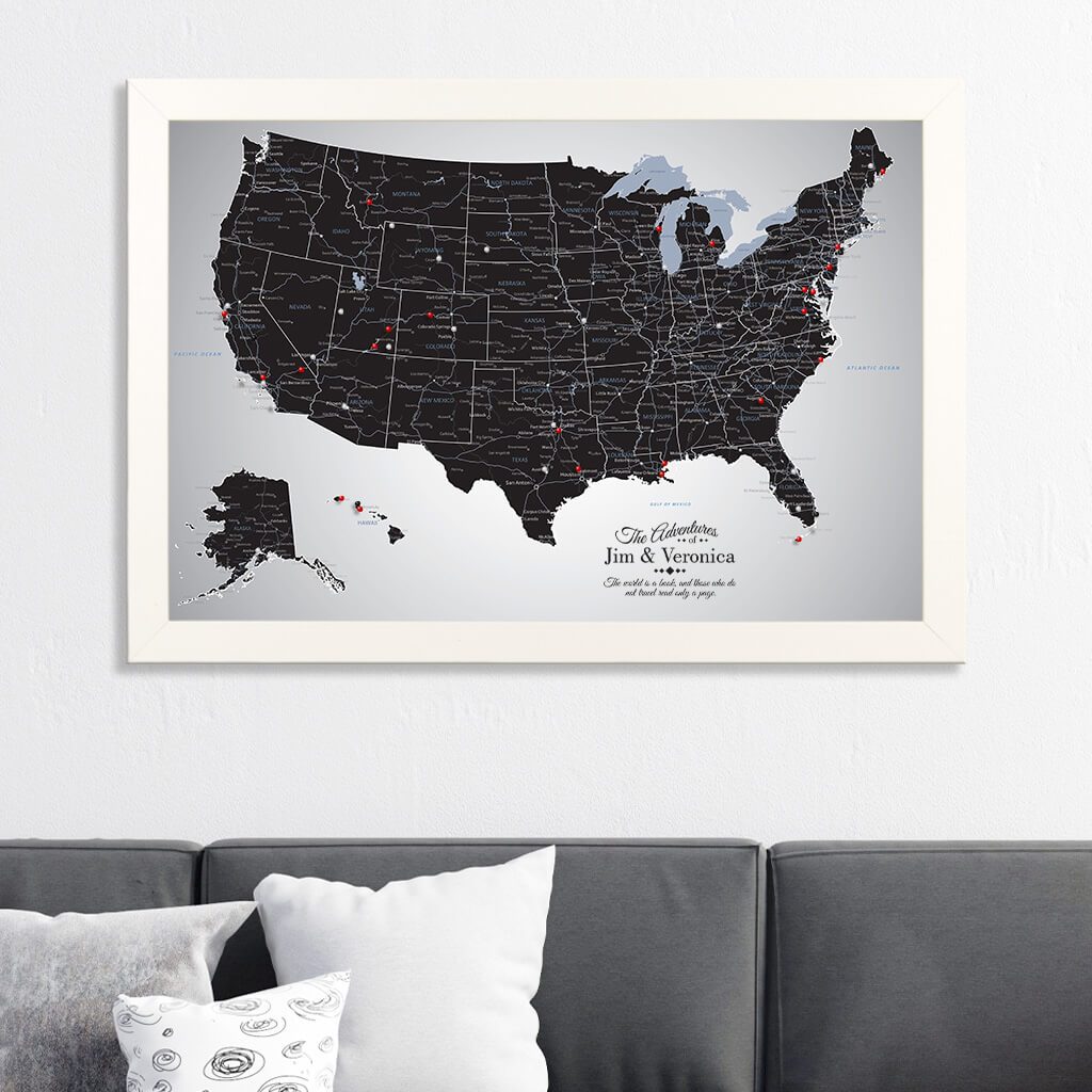 Black Ice USA Canvas Push Pin Map in Textured White Frame