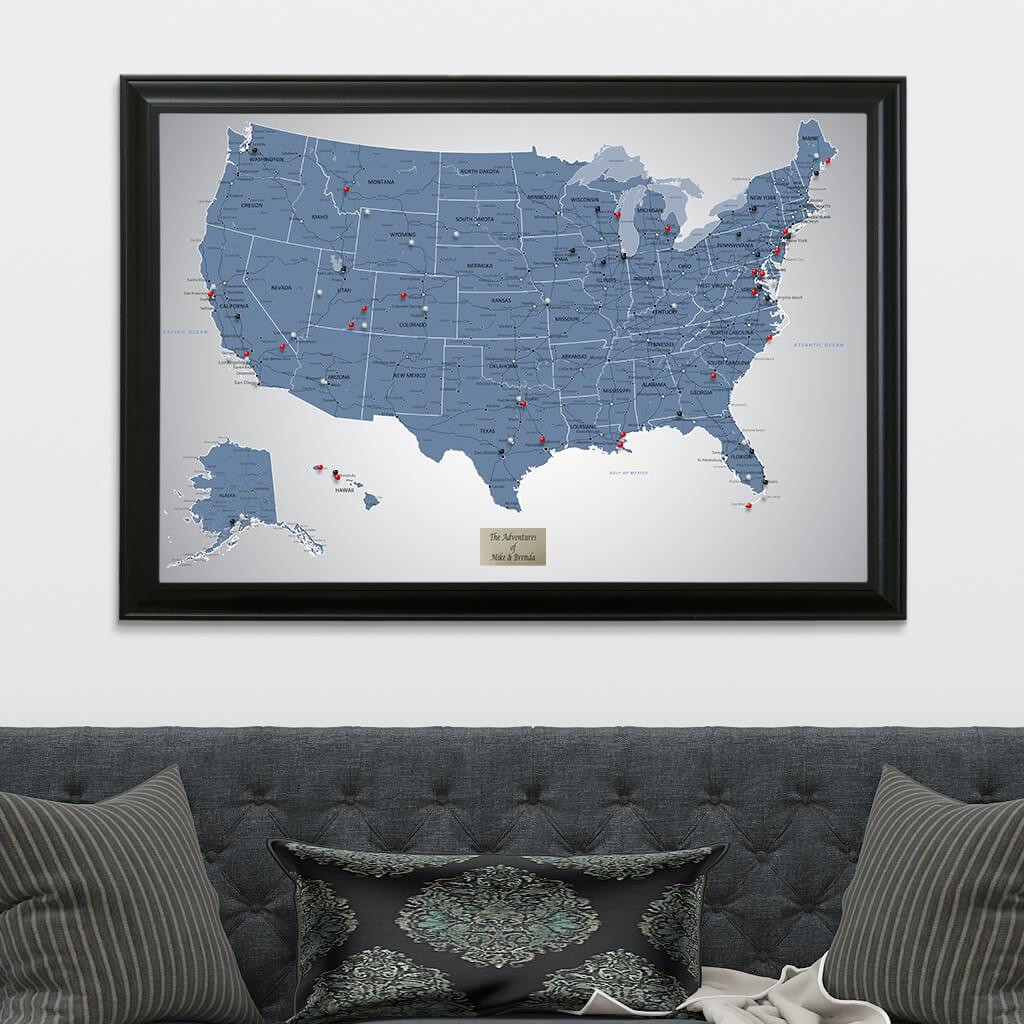 Blue Ice USA Push Pin Map in Black Frame