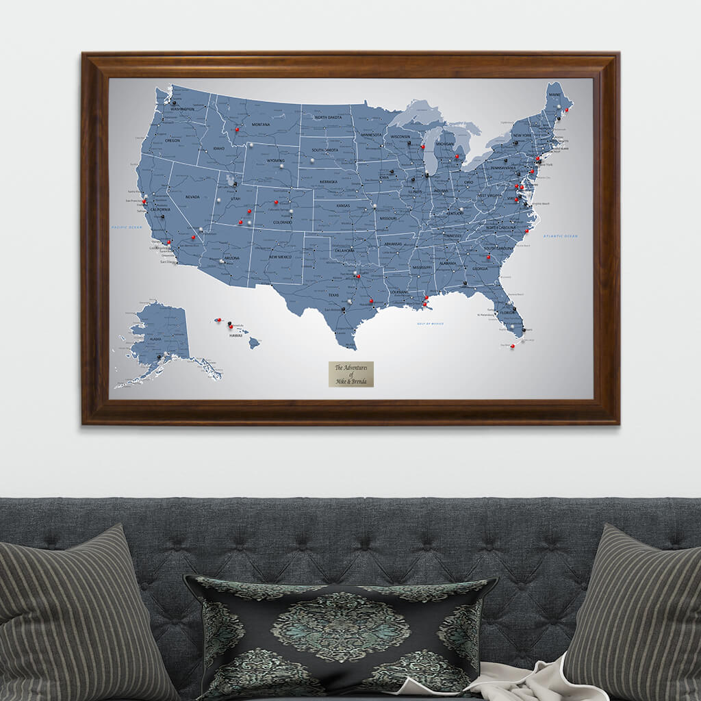 Blue Ice USA Push Pin Travel Map with Pins in Brown Frame
