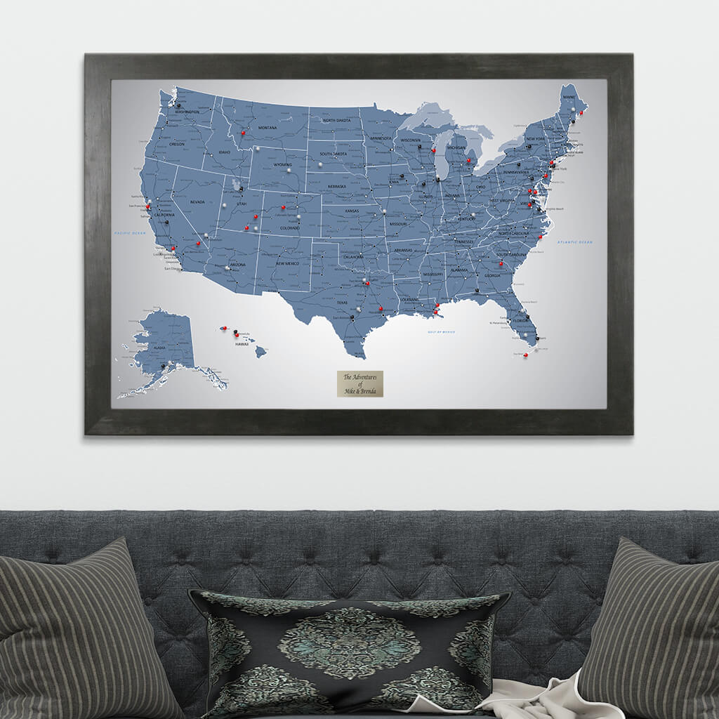 Blue Ice USA Pin Map in Rustic Black Frame
